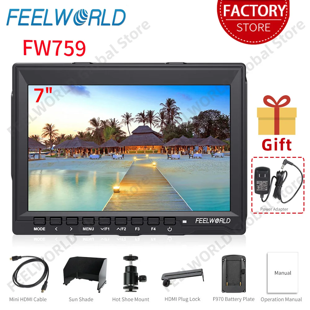 Фото 7-дюймовый монитор для цифровой зеркальной камеры FEELWORLD FW759 IPS HD 1280x80 0 ЖК-дисплей с HDMI AV входом видеопомощник портативный для камеры №1