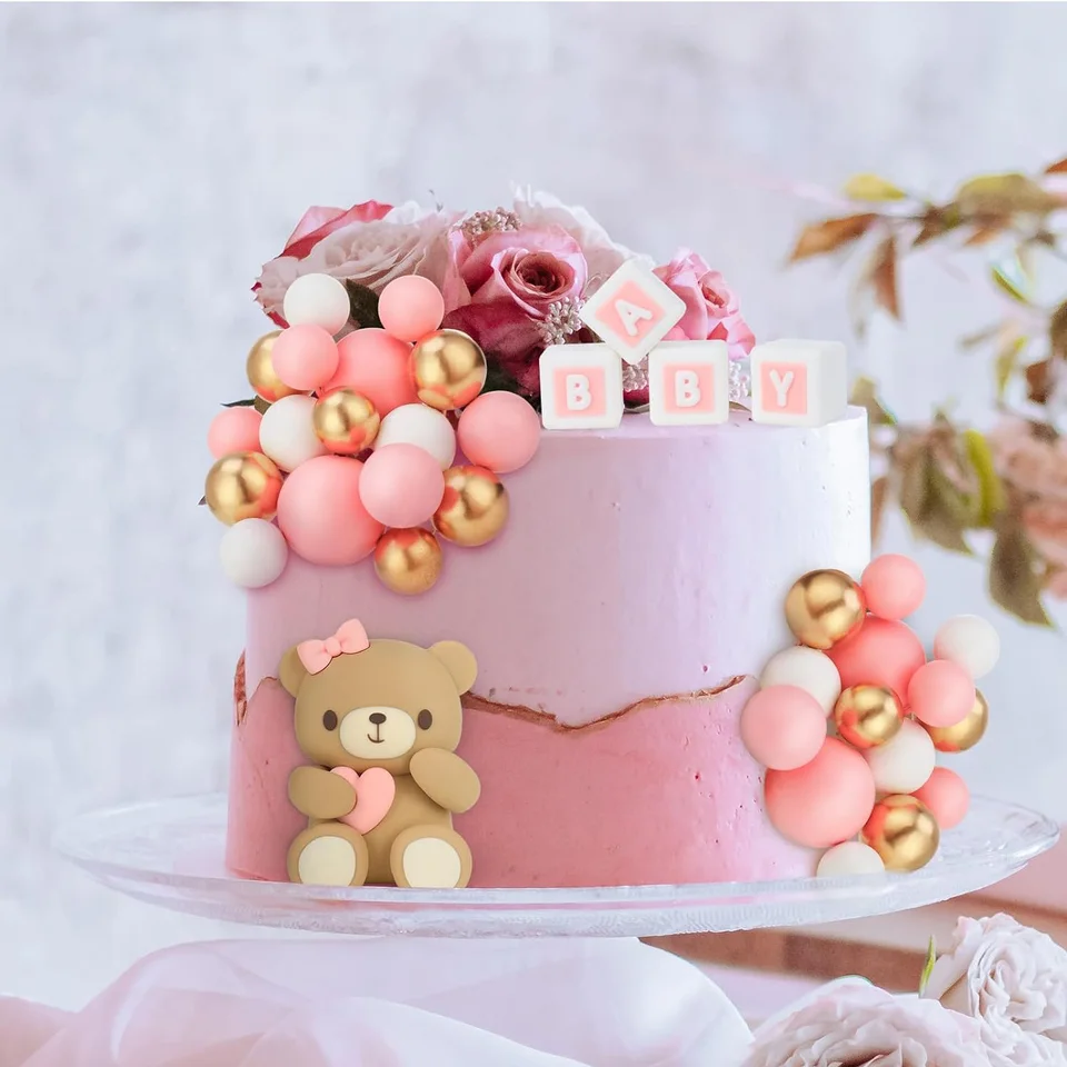 29 stuks bal taart topper beer taart topper met schattige beer roze BABY  brief roze goud witte schuim ballon voor baby shower taart topper -  AliExpress, image size:960x960