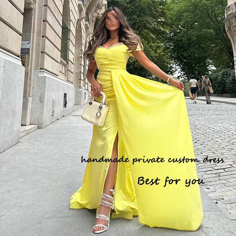 

Yellow Mermaid Evening Dresses with Slit Pleats Satin Long Prom Party Dress Beads Sweetheart Arabic Dubai Formal Gowns