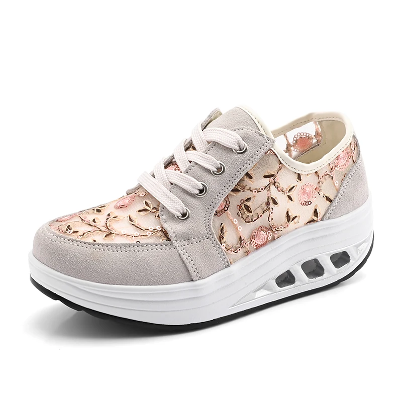 Lightweight Women Toning Shoes Lace Up Green Beige Ladies Slimming Flat Platform Swing Wedge Trainer Fitness Walking Sneaker