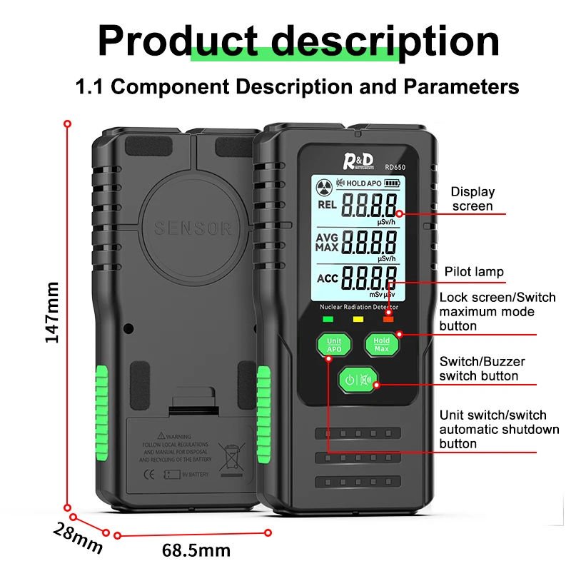 R&D RD650 Geiger counter Nuclear Radiation Detector X-ray Beta Gamma Detector Geiger Counter Dosimeter  Radioactivity Tester 6