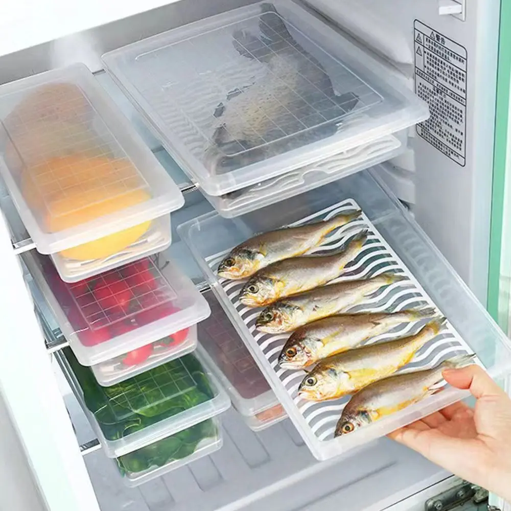 1Pcs with Lid Crisper Box Drain Layer Refrigerator Frozen Food Organizer Food Grade PP S/M/L Fish Meat Storage Box Kitchen