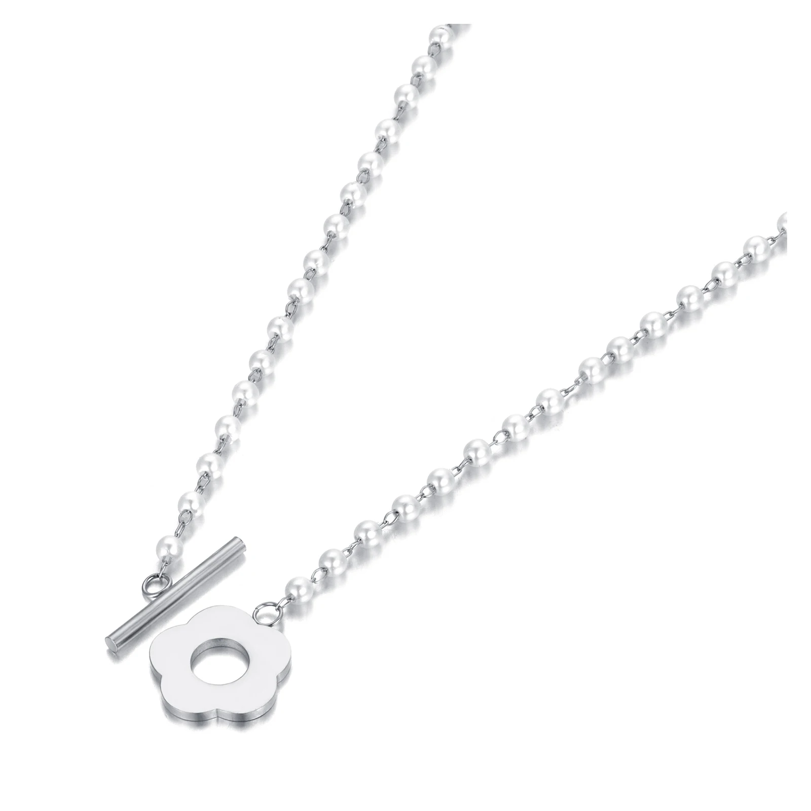 Lokaer Mode Schwarz CZ Kristall Charme Halsketten Für Frauen Edelstahl Weiße Perle Link Kette Böhmischen Strand Halskette N22083_voghion.com