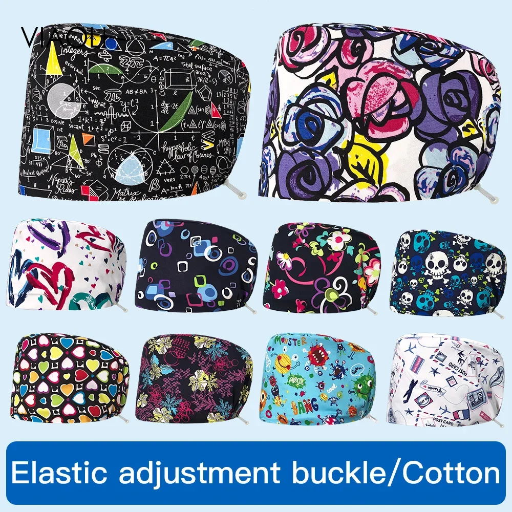 

Flower Printing Scrub Cap Dental Hospital Scrubs Hat 100%Cotton Women Men Dust Proof Pet Veterinary Work Hat Tie Back Doctor Cap