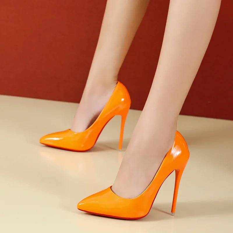 2023 Spring Super High 12cm Stiletto Heels Pumps Women Shoes Pointed Toe Florescence Patent Leather Office Thin Heel 4
