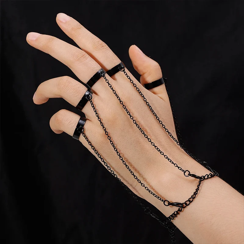 Punk Geometric Chain Wrist Bracelet Ring Women Men Open Ring Silver Link Chain Girls Cool Design Fashion Jewelry