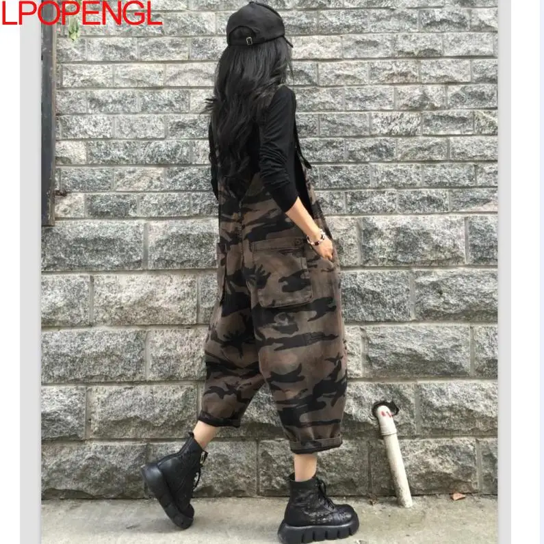 Fashion Retro Camouflage Denim Sleeveless Overalls Women's 2024 Spring Loose Casual Suspender Jumpsuit Streetwear Harem Pants