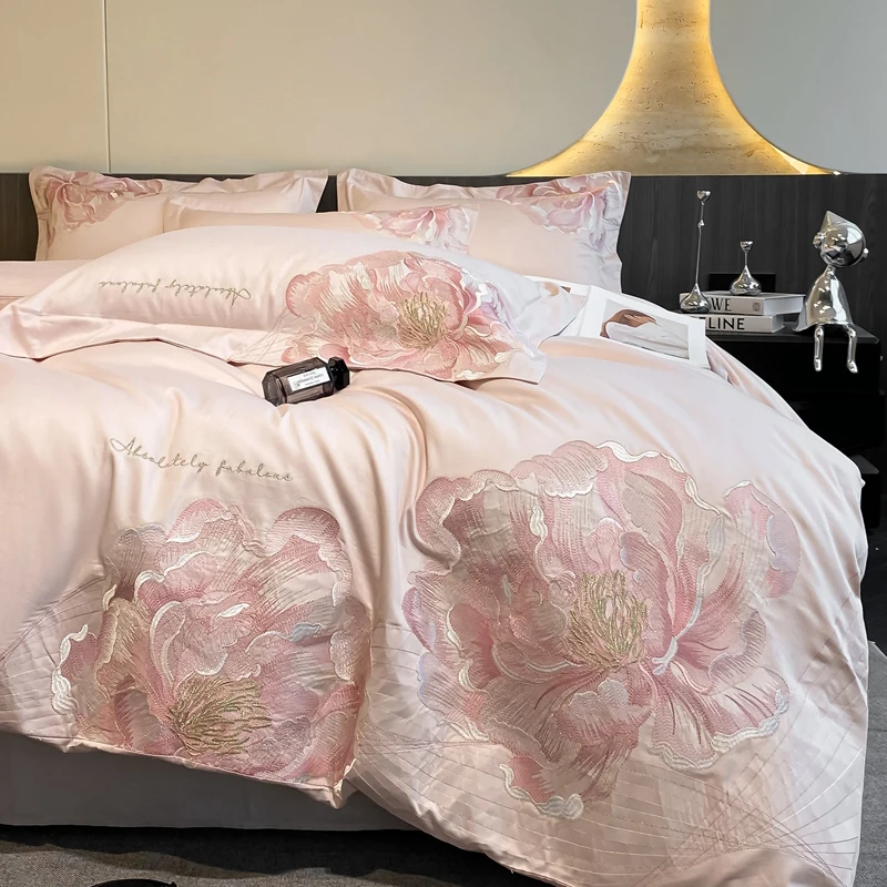 

Pure Cotton Flowers Embroidery Luxury Bedding Set Pink Gray Blue Duvet Cover Set Flat/Fitted Bed Sheet Set Pillowcases 4Pcs