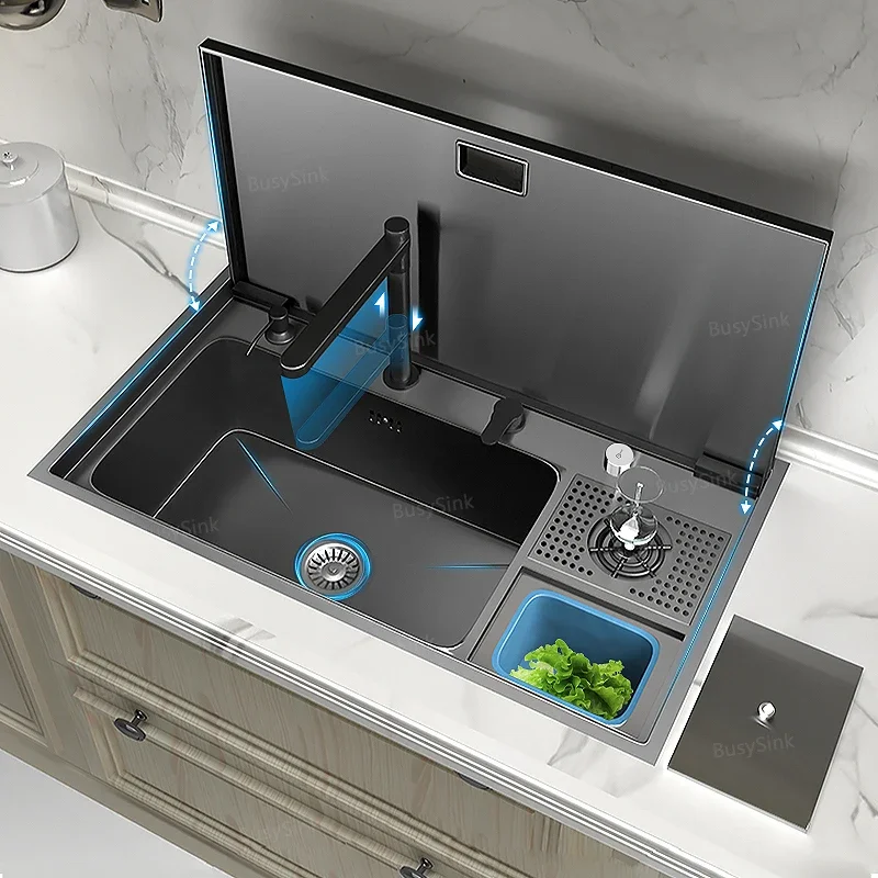 Lavabo multifonctionnel en acier inoxydable avec panneau de couverture, grand évier à fente unique, cuisine cachée