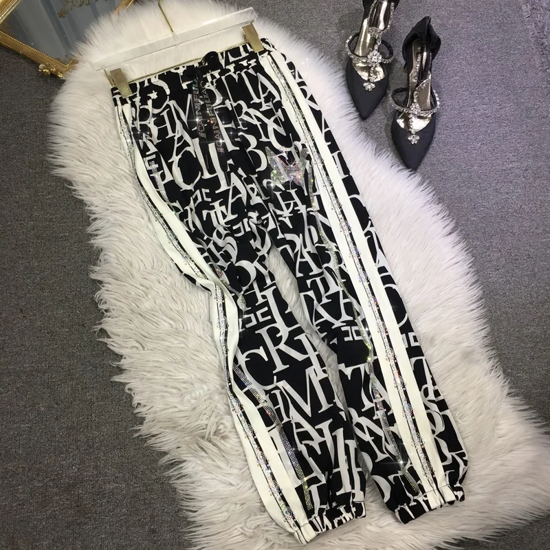 Blingbling Hot Drilling Ankle-length Pants 2023 New Summer Black White Letters Casual Chiffon Trousers Elastic Waist Sweat Pants