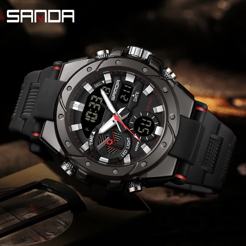 SANDA 3313 Student Fashion Trend Military Style Men's Multifunctional Outdoor Waterproof Electronic Watch Digital Wristwatches