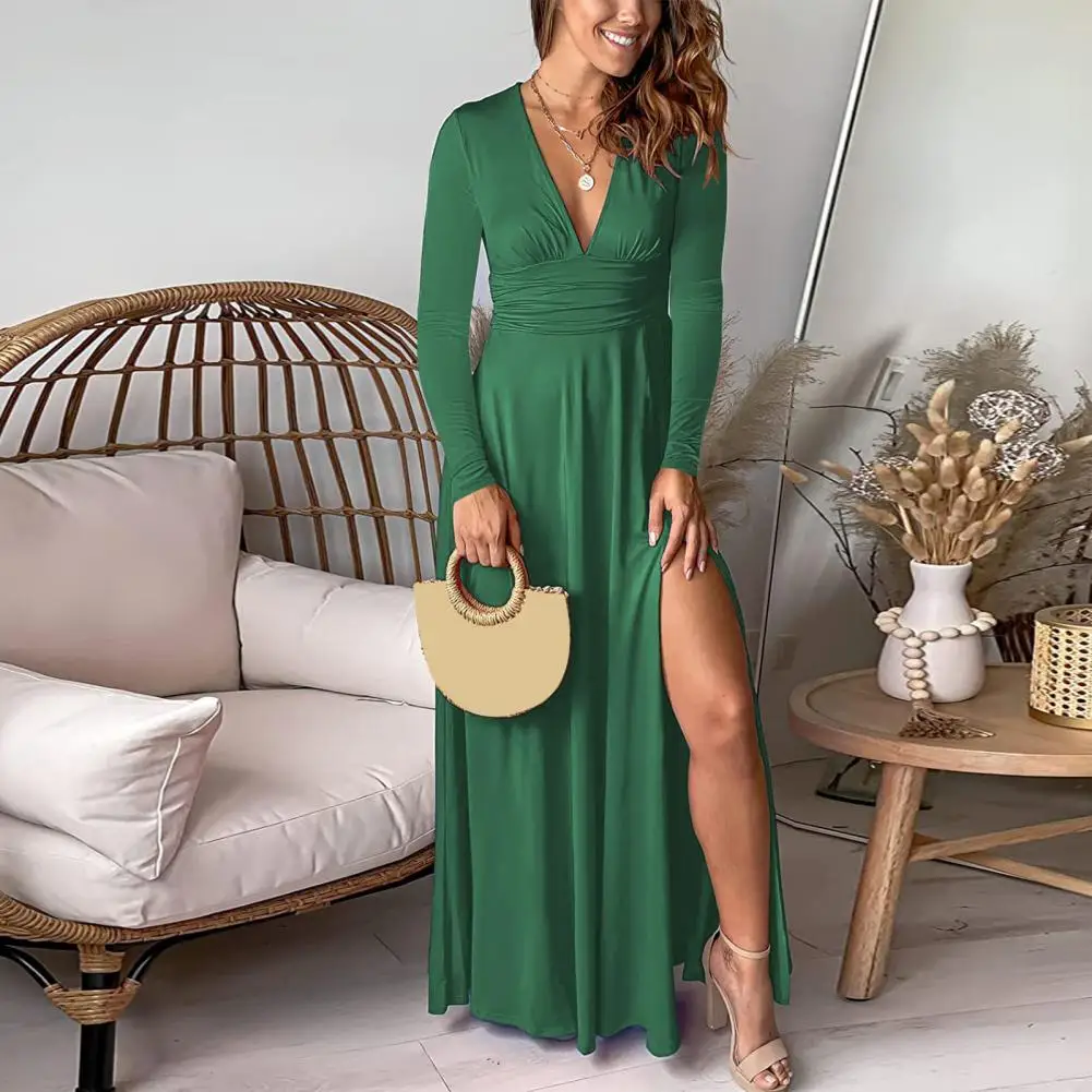 

Lady Maxi Dress Stunning Women's Maxi Dress Elegant High Split Deep V Neck Slim Fit for Autumn Prom Party Banquet Flattering