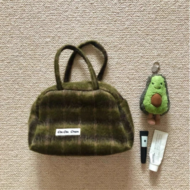 

Xiuya Fashion Handbag Soft Plush Vintage Green Plaid Letter Shoulder Bag Fall Winter Casual High Quality Designers Crossbody Bag