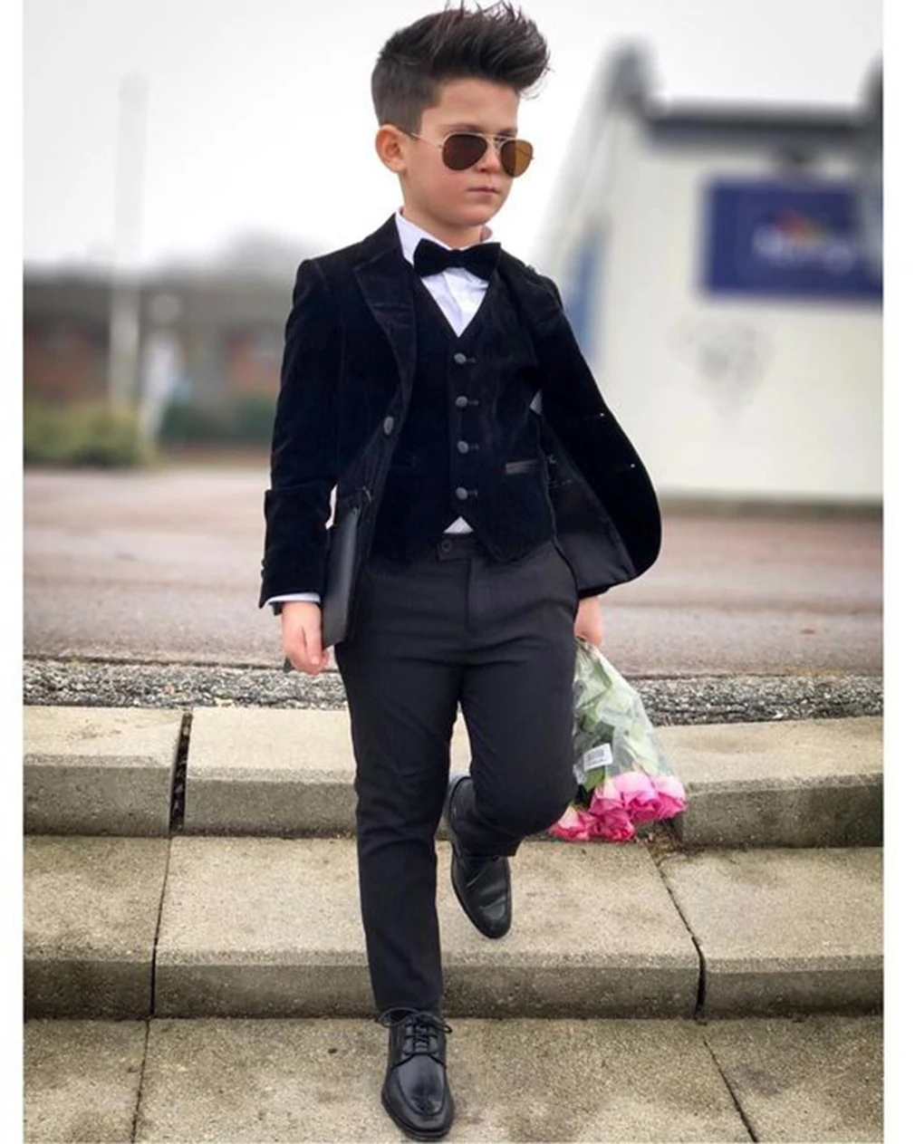 Fashion 3PCS Black Velvet Formal Boys Suits for Wedding Dress Elegant Children Prom Host Costume Kids Party Tuxedo Clothes Sets
