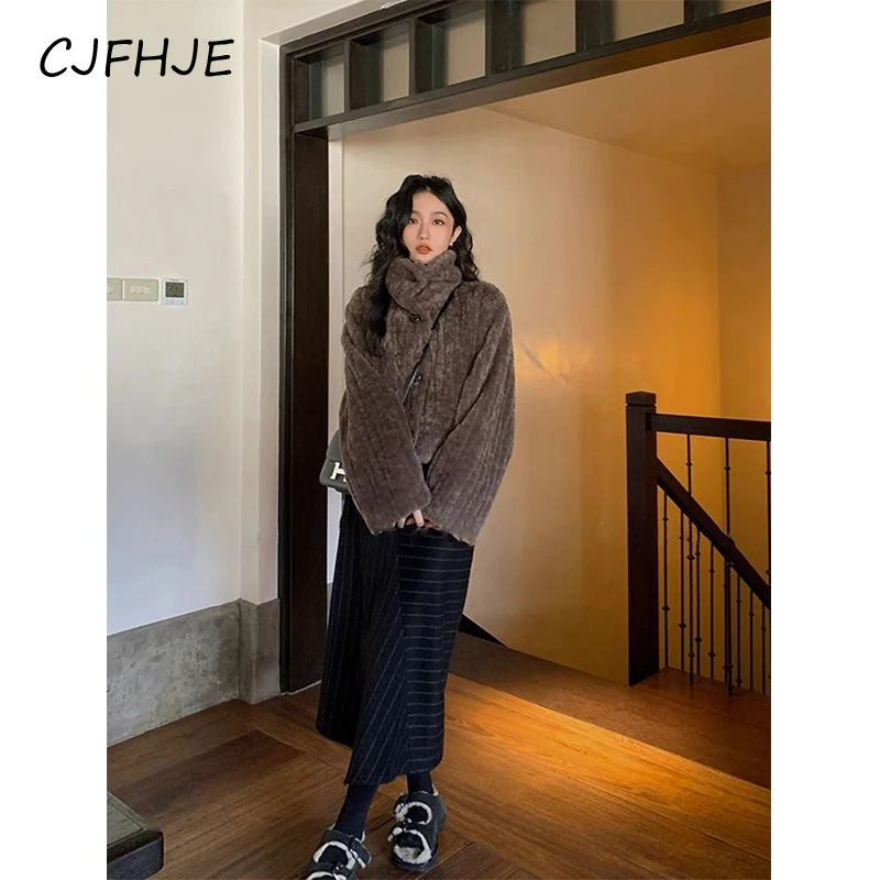 CJFHJE Vintage Cropped Faux Fur Coat Women Elegant Stand Short Fluffy Jackets Winter Streetwear Korean Casual Plush Overcoat New