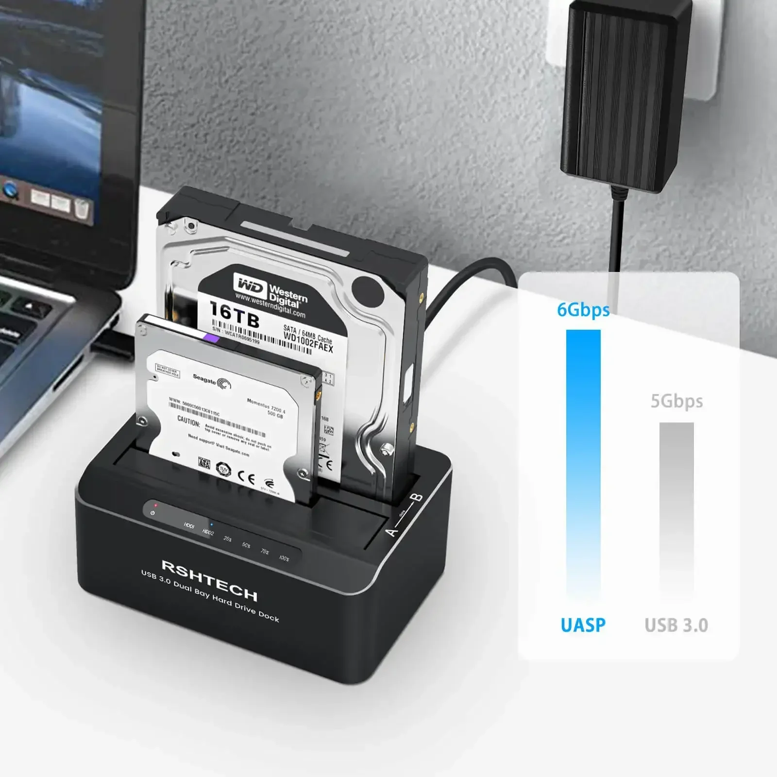 RSHTECH Hard Drive Docking Station Aluminum Dual Bay for 2.5/3.5 Inch SATA I/II/III HDD SSD Support 2x 16TB Hard Drives