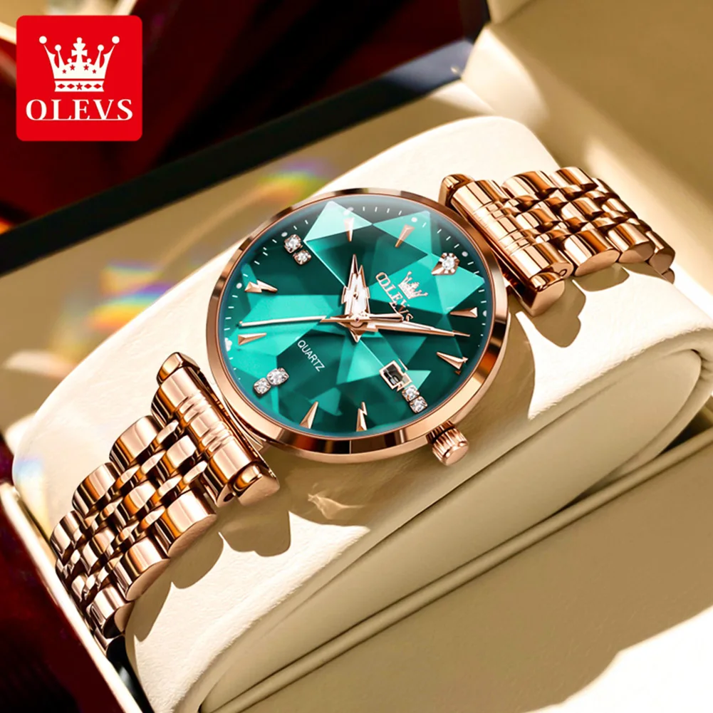 

OLEVS Fashion Rhombus Mirror Green Quartz Womens Watches Top Brand Luxury Stainless Steel Waterproof Luminous Date Watch Women