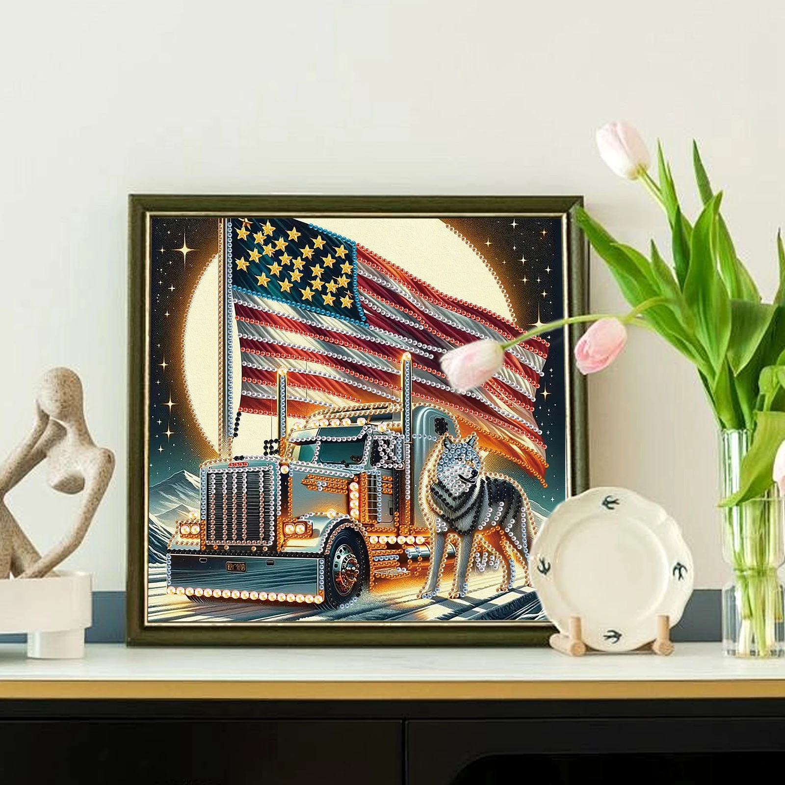 Special Shape Diamond Art Painting Kit for Adult and Beginner Truck and Wolf Diamond Art Painting for Home Wall Decoration Gift