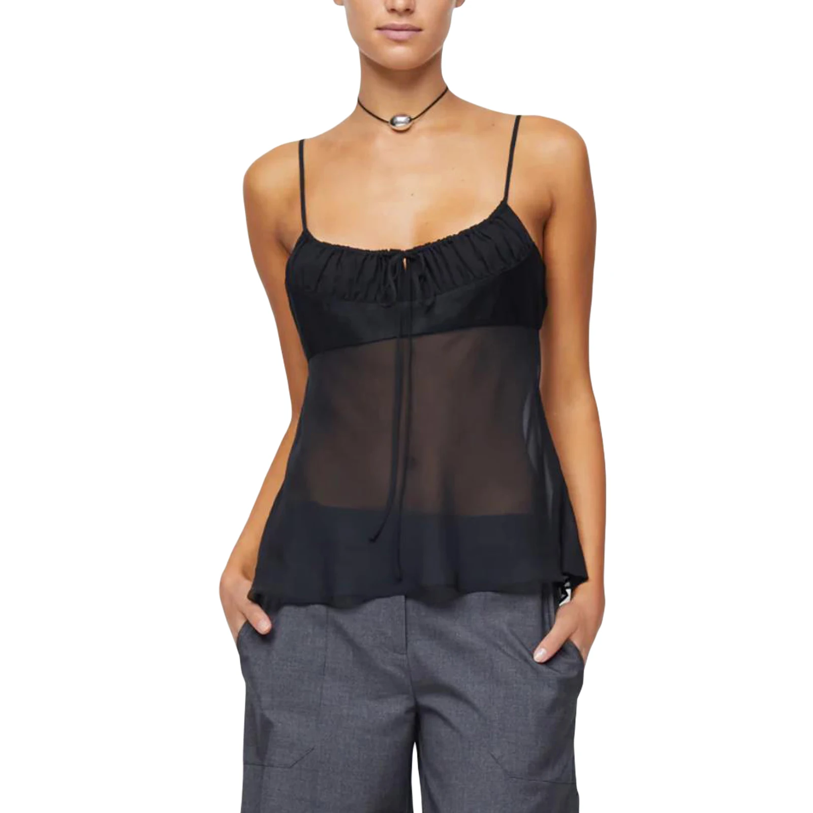 

Women Basic Camisole Summer Sleeveless Sheer Mesh Patchwork Bandage Backless Tops Streetwear 2023 New Fashion Women's Clothing