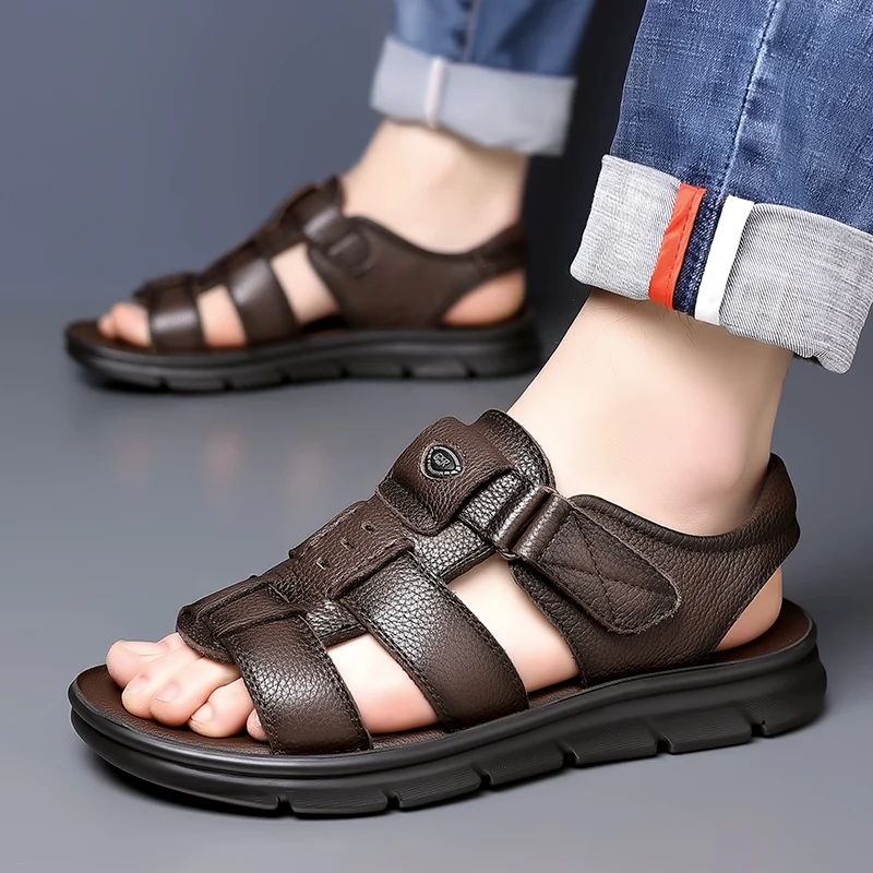 Sports Shoes Leather Sandals Summer Sandals Mens Shoes Fashionable Men's Leather Casual Shoes Outdoor Camping Beach Shoes Thick Soled Wear-resistant Summer Men's Sandals Hollowed Out
