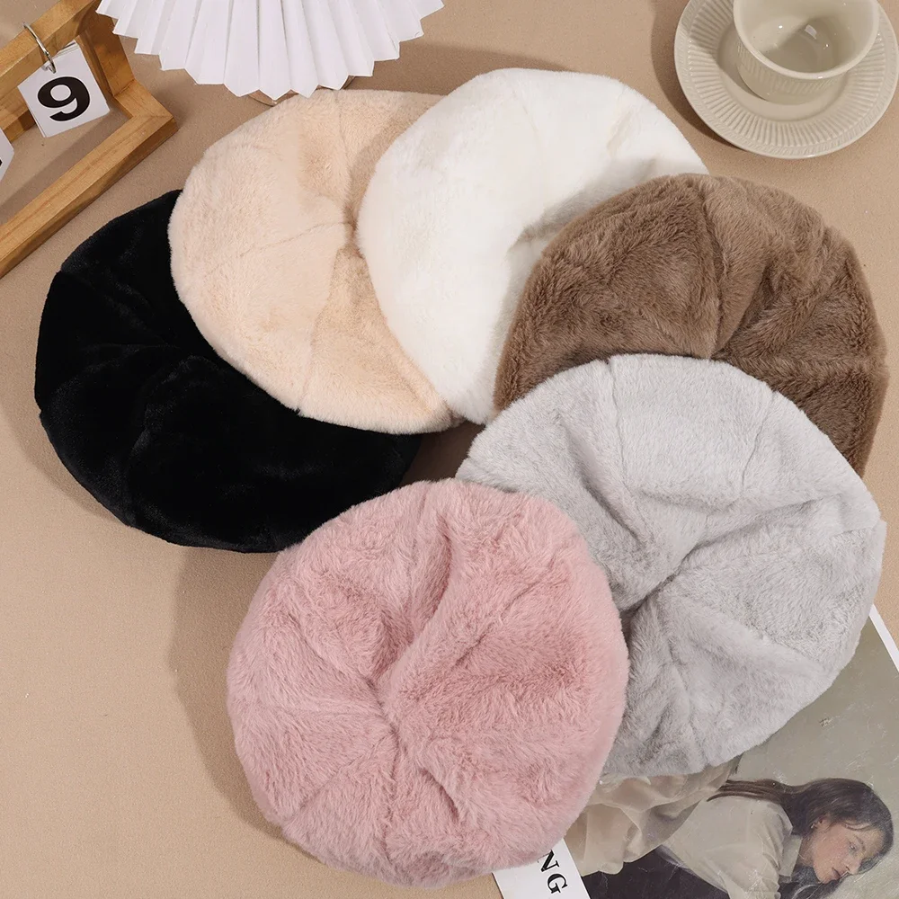 Hot Sale Y2K Rabbit Fur Beret Hat Female Autumn Winter Warm Candy Color All-match Sweet Cute Plush Painter Hats Brim Cap Gorras_autovado.com
