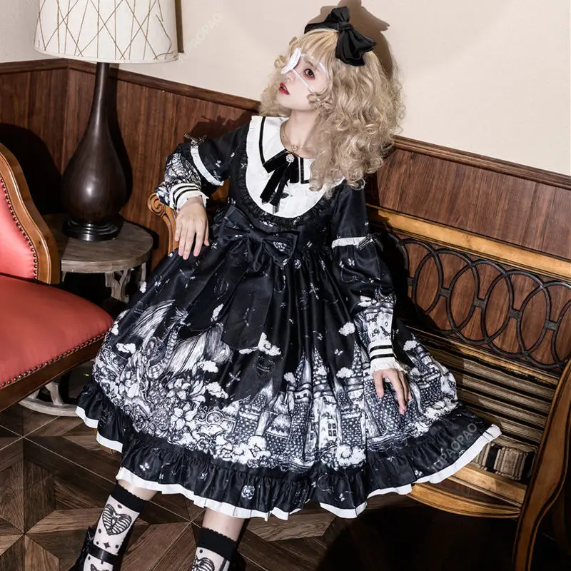 Lolita Dress Sweety Girly Diablo Style Peter Pan Collar Cute Bow Kawaii Ruffles Full Sleeve Printing Gothic
