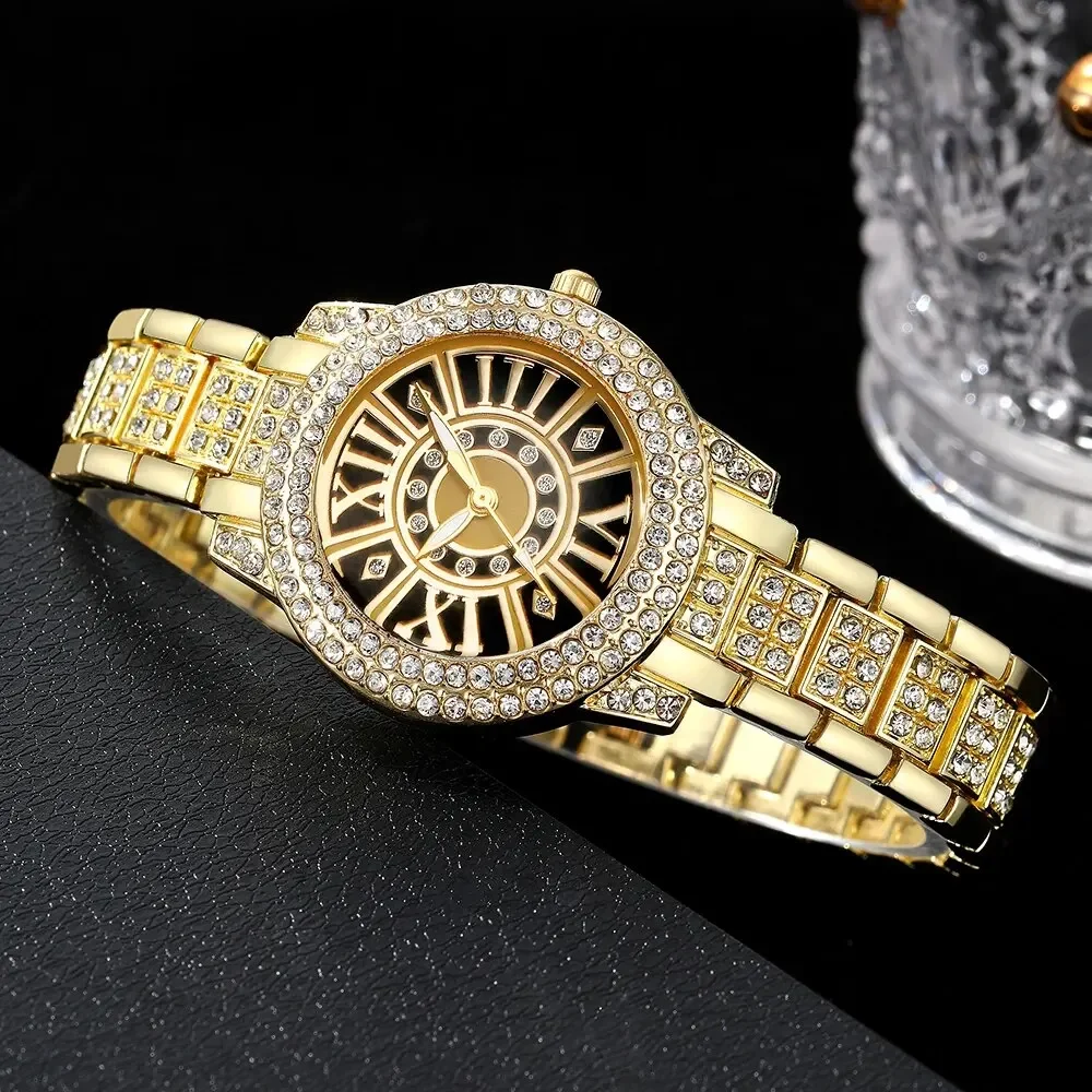 2pcs Women's Watch Gorgeous Style Diamond studded Alloy Steel Strip Quartz Watch and Diamond studded Cuban Chain Bracelet 2