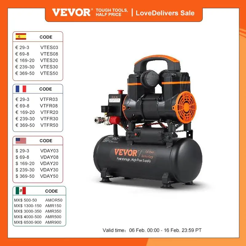 Vevor Compressore D'Aria 8L Portatile Senza Olio Motore 900W Velocità 2800 Giri/Min Per Aerografo Inchiodatura, Compressore D'Aria A Secco Portatile R