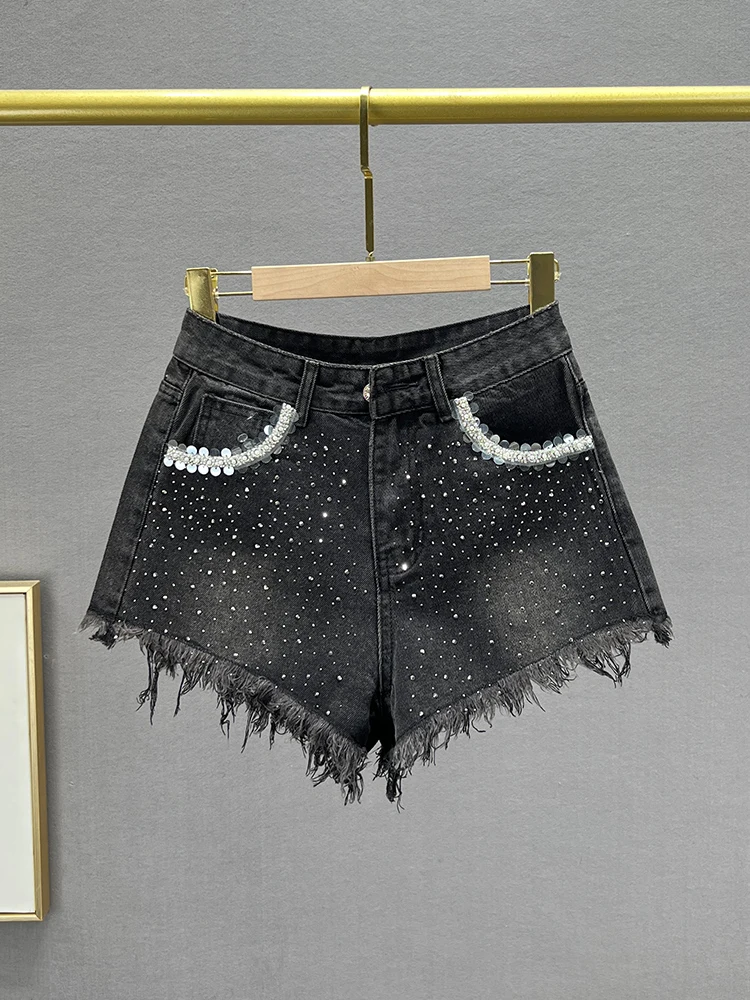 Rhinestone Denim Shorts Women's 2024 Summer Clothes New Fashion High Waist Slim-fit European Station Burr A- Line Hot Pants