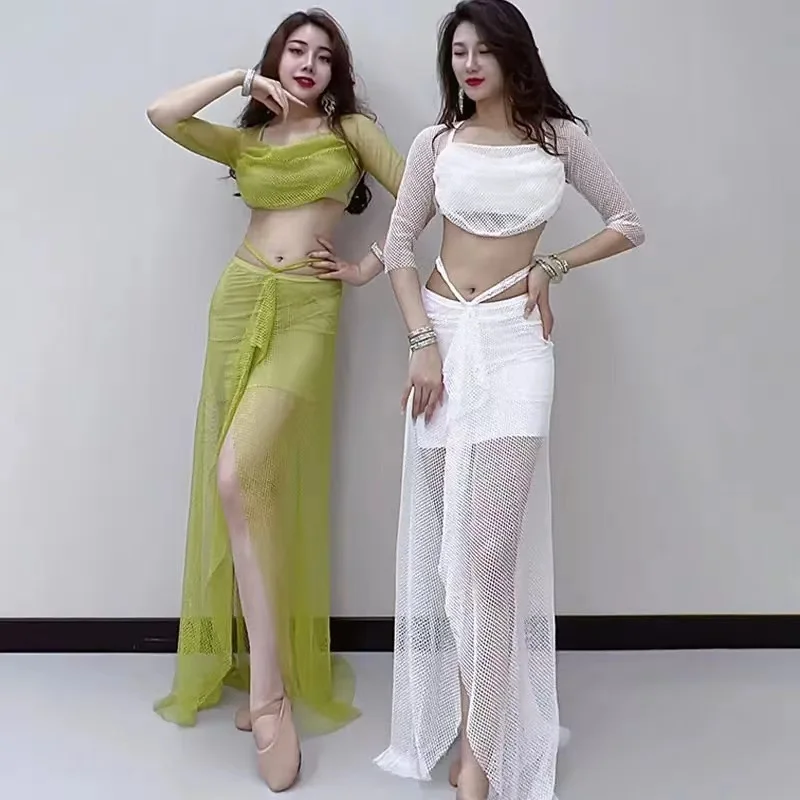 

Fishnet Belly Dancing Costume Practice Wear Dance Wear Top Pants Performance Suit Sexy Rave Outfit 2023 Female Clothing