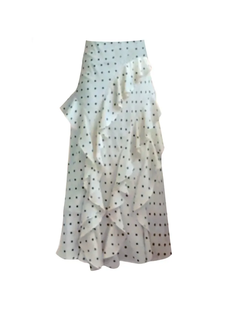 

French Elegance Ins New Design Polka Dot Slim High Waist A-line Skirt Summer Women Fashion Asymmetrical Ruffle Knee-Length Skirt