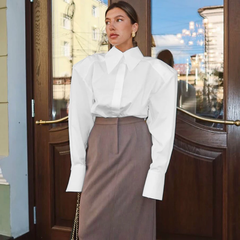 Linad Autumn Elegant White Puff Sleeve Shirt Office Lady