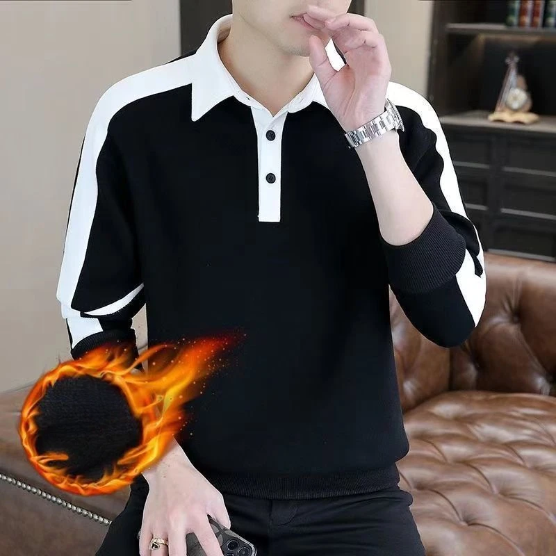 High Street Casual Men Autumn Sweatshirt Top Chic Turn-down Collar Long Sleeve Loose Winter Panelled Plus Fleece Pullover Hoodie 5