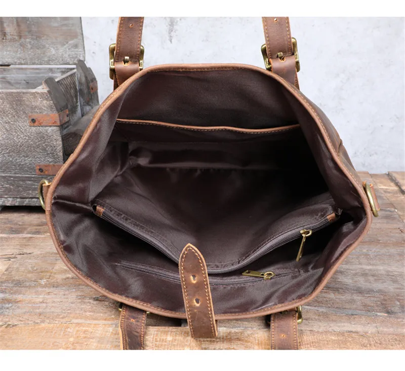 Vintage large-capacity crazy horse cowhide men's tote bag organizer natural genuine leather work handbag shoulder messenger bags