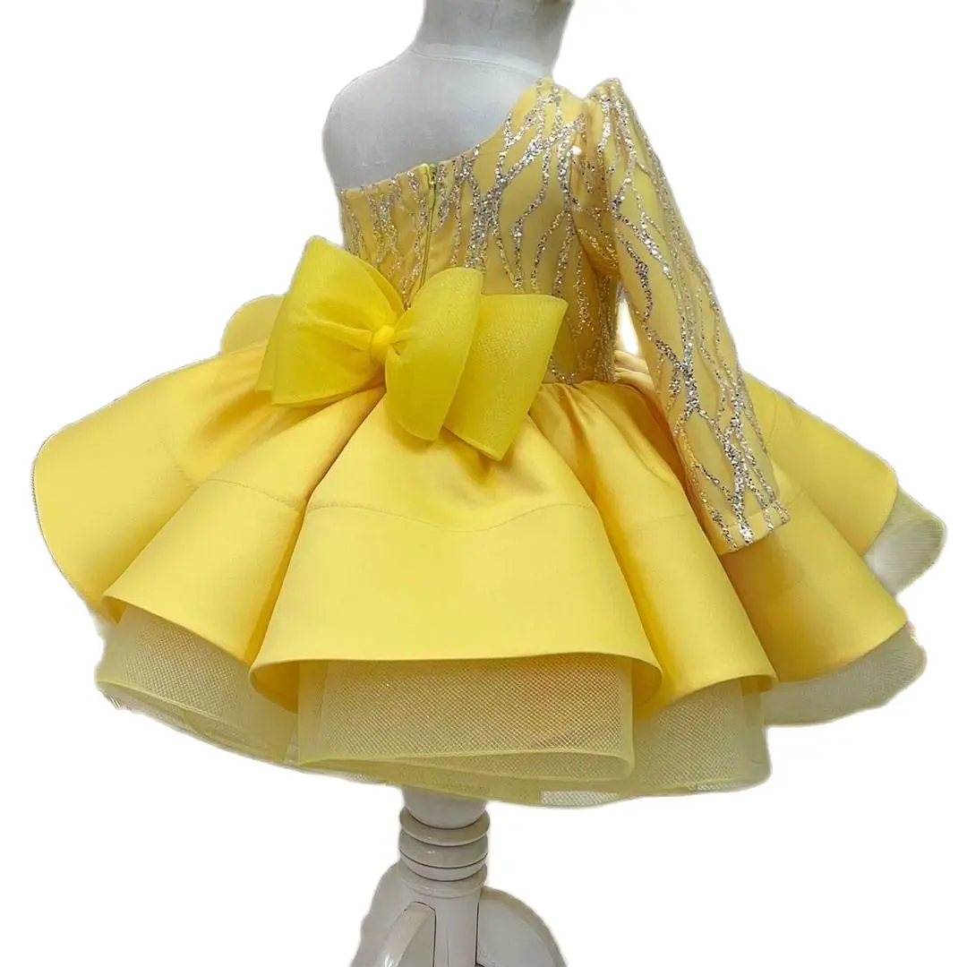 

Yellow Flower Girl Tutu Dress 2023 Long Sleeve One Shoulder Princess Baby Girls Pageant Gowns Puffy First Communion Birthday For