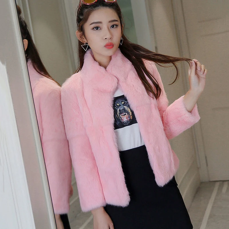 Women Cropped Fur Coat 2024 Korean Style Stand Collar Imitation Mink Fur Jacket Solid Colors Faux Rabbit Autumn Winter Outwear