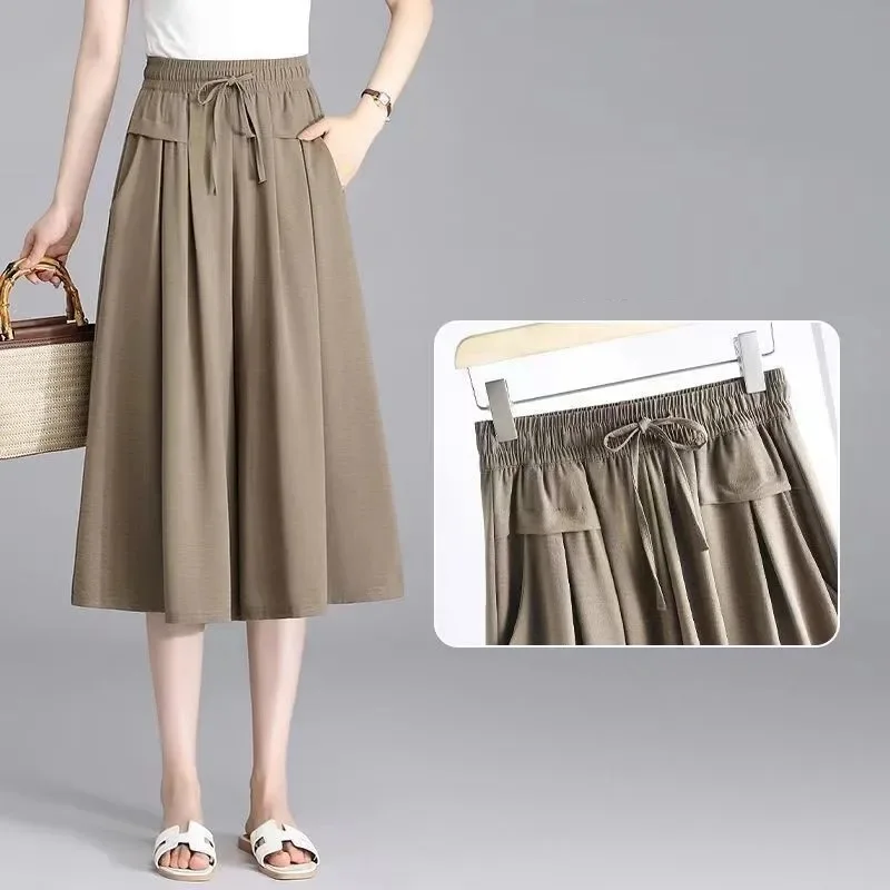 

Ice Silk Wide Leg Pants with High Waist and Dropping Skirt Pants Summer Thin Drawstring Pockets Cropped Casual Solid Trousers