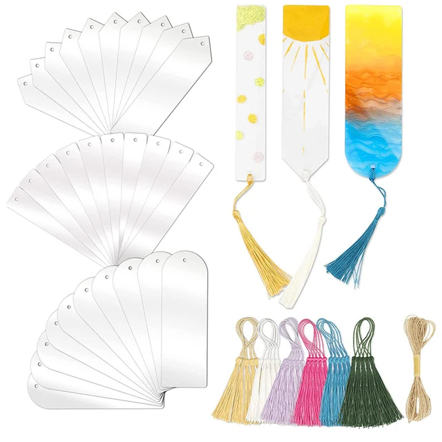 15/30pcs Acrylic Bookmarks Blanks Bulk Clear Bookmark Tassels Clear Plastic Set for Notebook DIY Craft Keychain Blanks