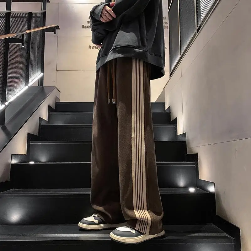 Street Fashion Trendautumn New Solid Side Stripe Straight Casual Pants Men's Pockets Drawstring Loose Versatile Sports Trousers
