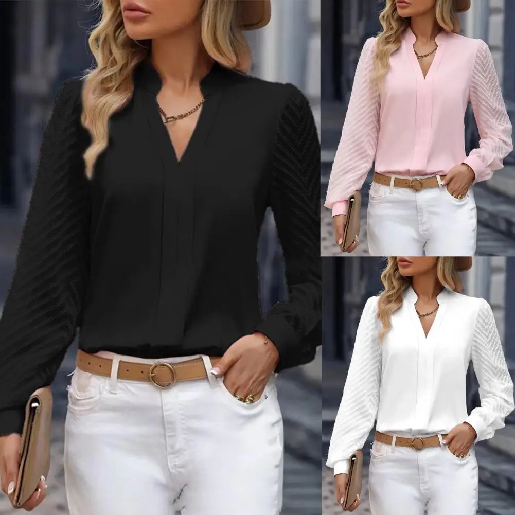 

Elegant Women'S Solid Shirt Autumn V Neck Spliced Chiffon Long Sleeve Blouses Top Sleeve Mesh Ladies Shirts Formal Blusa Mujer