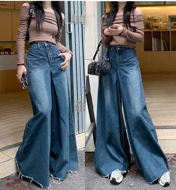 Women's Mom Jeans Fashion Flared Trousers American Wide Leg Jeans Women's High Waist Loose Denim Pant Skirt