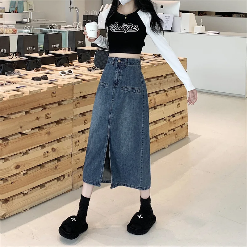 

Vintage Split Denim Skirt Women's All Season Versatile Soft Commuter Mid length High Waist A-line Skirt