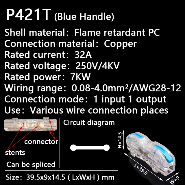 Mini Fast Wire Cable Connectors Universal Compact Conductor Spring Splicing Wiring Connector Push-in Terminal Block P421 F12 P421 T (BU Handle)