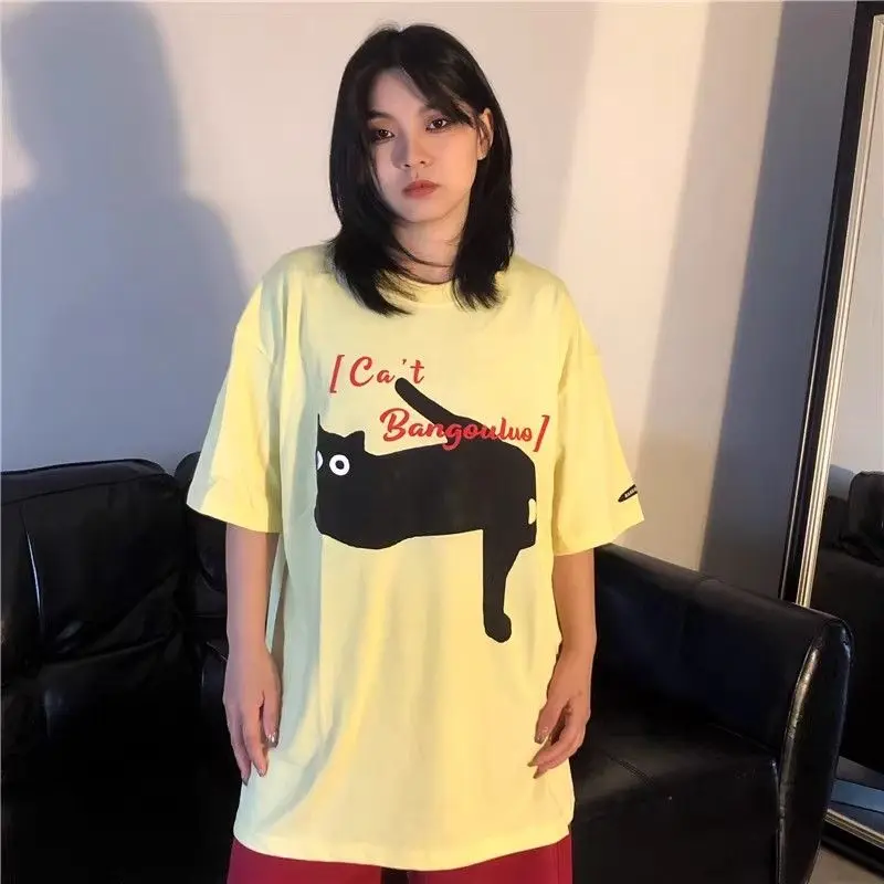 

Summer Korean retro cartoon cat short-sleeved T shirt for lazy ladies summer y2k Japanese style street loose half-sleeved top