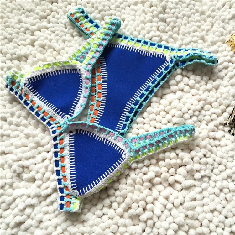 Micro Bikini 2021 Women Handmade Crochet Knit Swimwear Halter Patchwork Bathing Suit Swimsuit Biquini Thong Bikini traje de bano