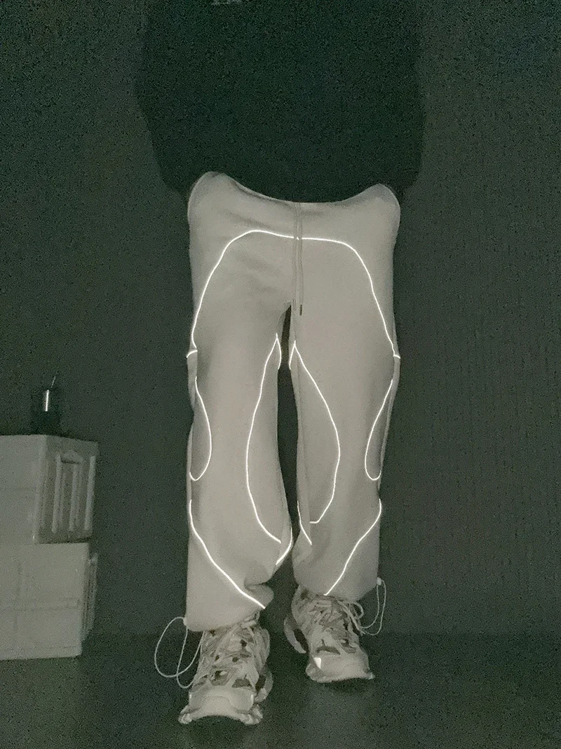 Night Club Reflective Strip Straight Loose Pants Men Women Drawstring Stretch Waist Ankle Binding Pants Four Seasons Sweatpants 4