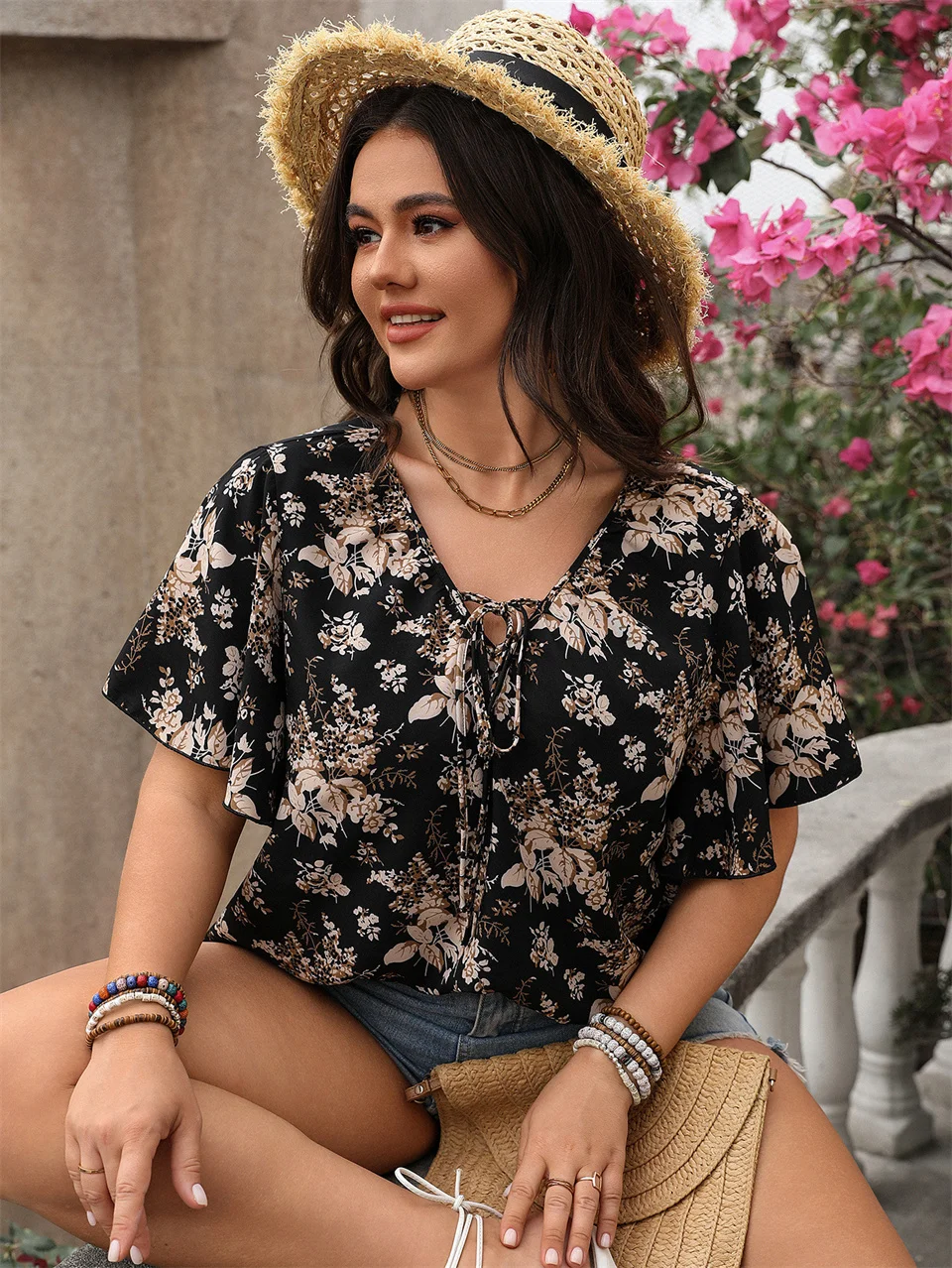 Plus Size 2025 New Boho Floral Tie Neck Blouse Summer Butterfly Sleeve Casual Loose Top JKP7338
