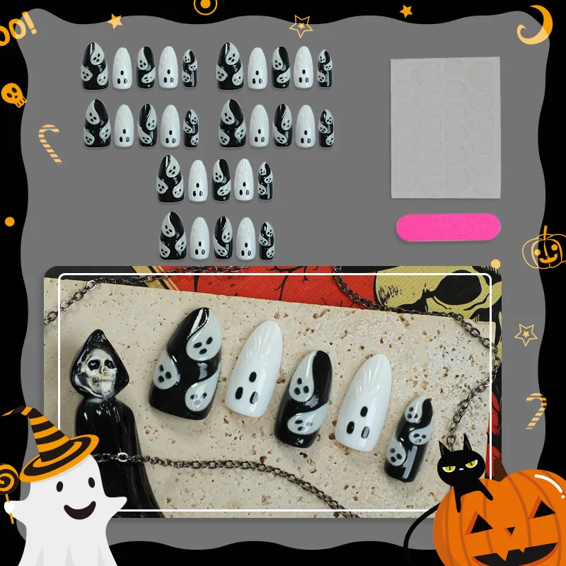 Lot de 30 faux ongles 3D en forme d'amande pour Halloween, motif fantôme noir et blanc effrayant, à porter, style art, manucure, 2025