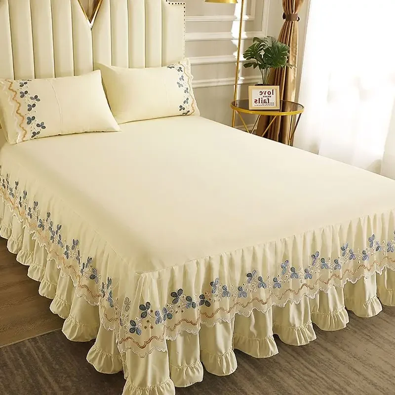 

Solid Lace Embroidered Bedspread Mattress Protective Cover Polyester Bed Skirt Anti Slip and Dustproof Flounce Edge Bedsheet