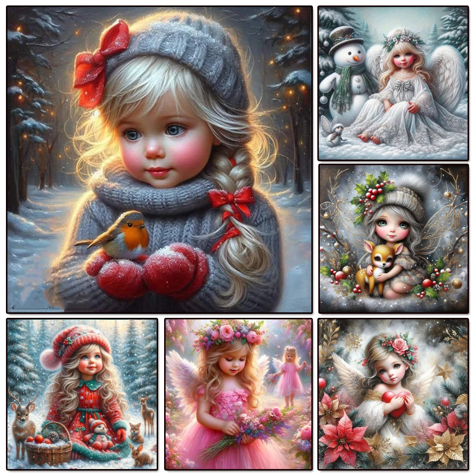 Diamond Art Painting Cross Stitch Kit Christmas Girl Little Angel Portrait Full Mosaic Deer Bird Embroidery Living Room Decor ﻿